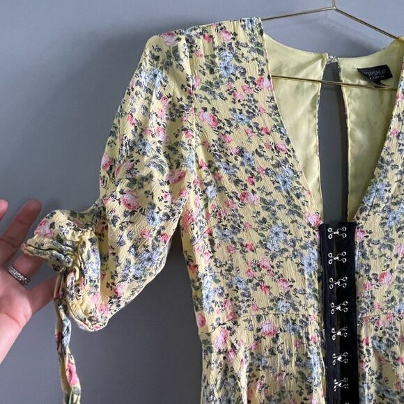 Topshop Yellow Floral Hook Closure Mini Dress || SZ 4 - Picture 6 of 16